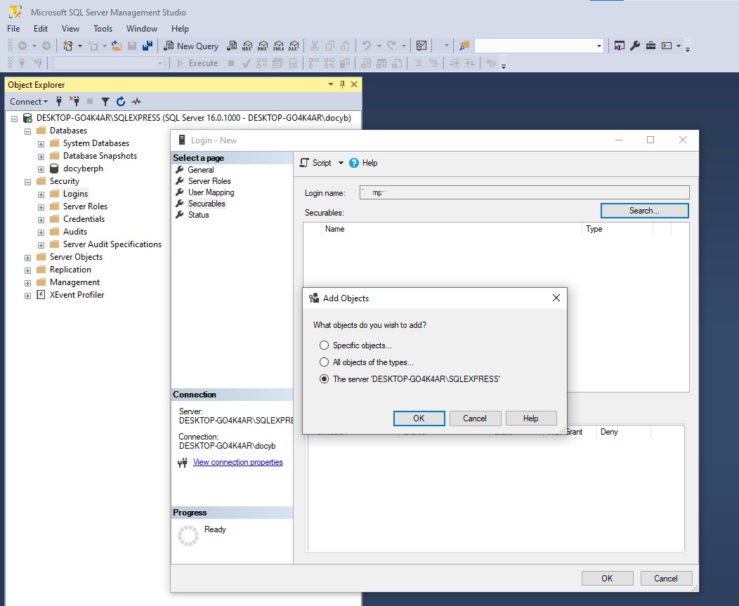 Change server authentication mode dialog