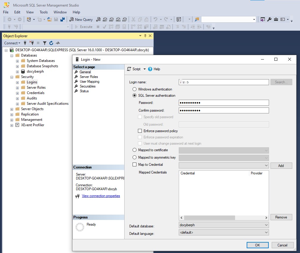 SQL Server Authentication dialog