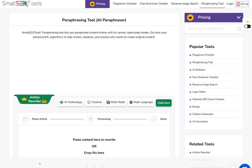 SmallSEOTools Paraphraser image